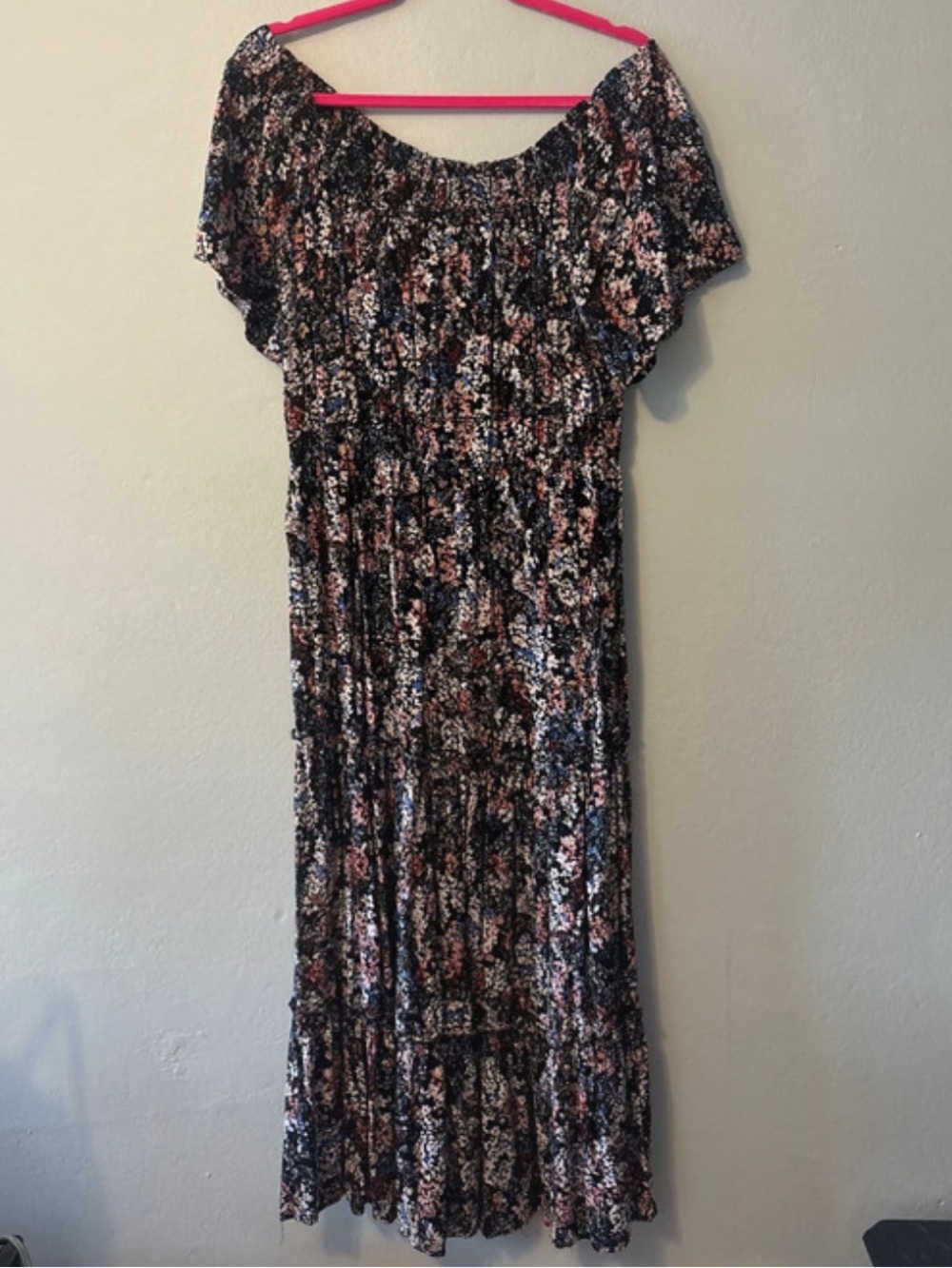 Maurices Black Floral Off-Shoulder Maxi Dress with Pink and Blue Accents